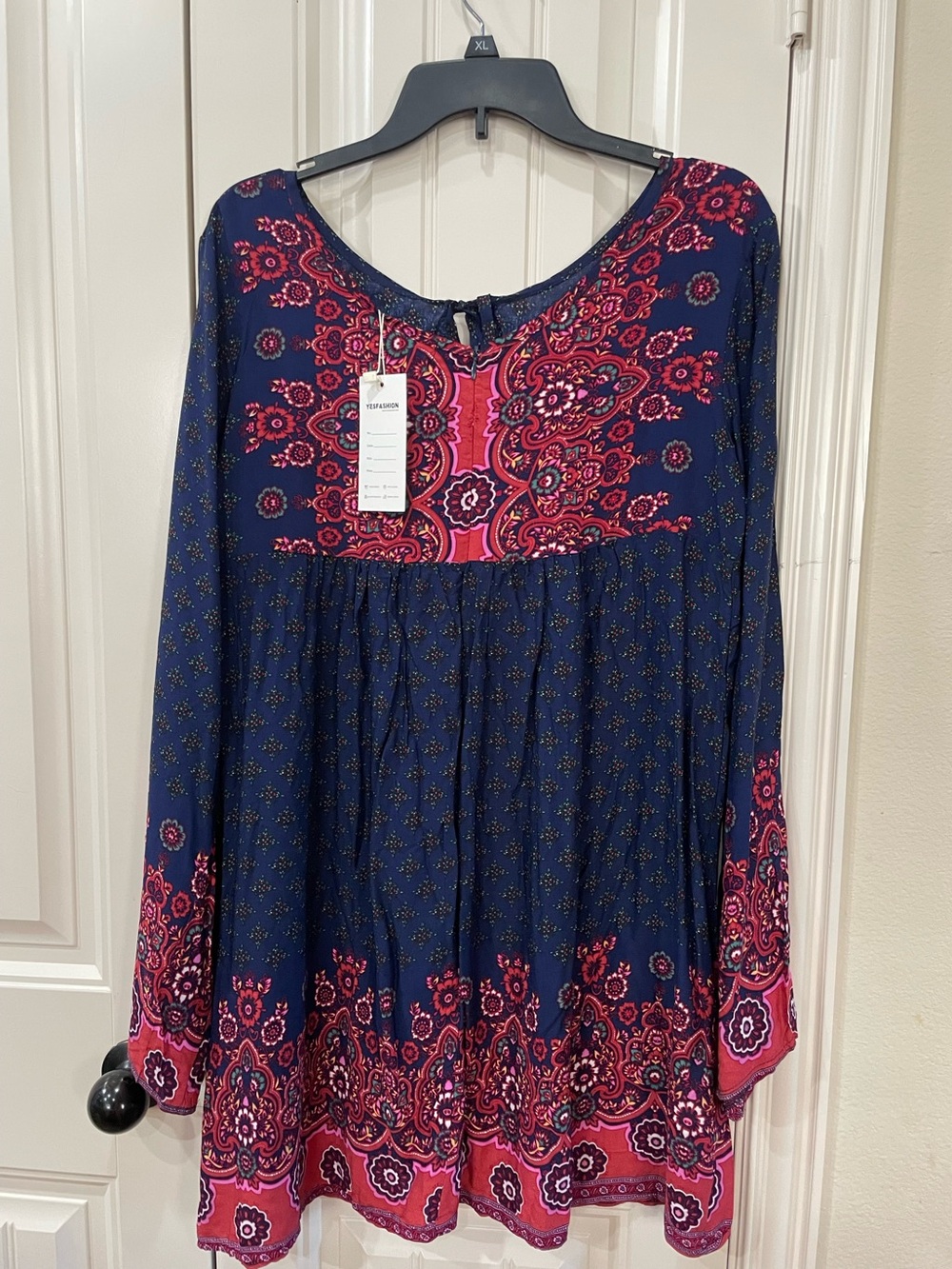Boho Navy and Pink Floral Peasant Top